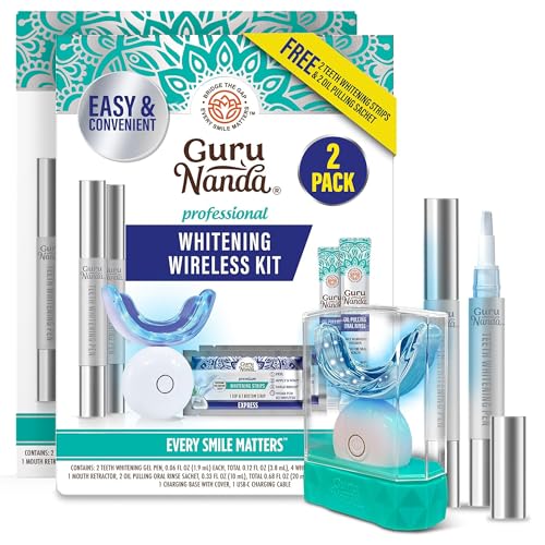GuruNanda Teeth Whitening Kit with 8% Hydrogen Peroxide Gel & Wireless LED Light