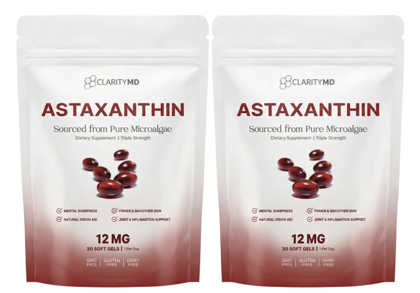 Astaxanthin 12mg Softgels - Natural Microalgae Source, Lipid Delivery, Cognitive & Vision Support