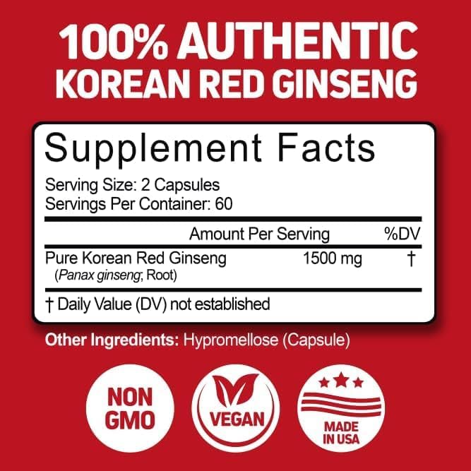 Herbtonics Korean Red Panax Ginseng 1500mg - Energy & Focus

