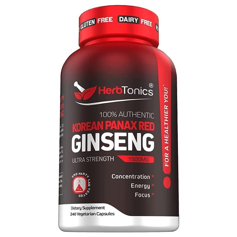 Herbtonics Korean Red Panax Ginseng 1500mg - Energy, Focus & Vitality (Vegan Capsules)