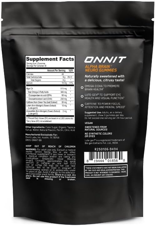 ONNIT Alpha Brain Neuro Gummies – Vegan Brain & Eye Support

