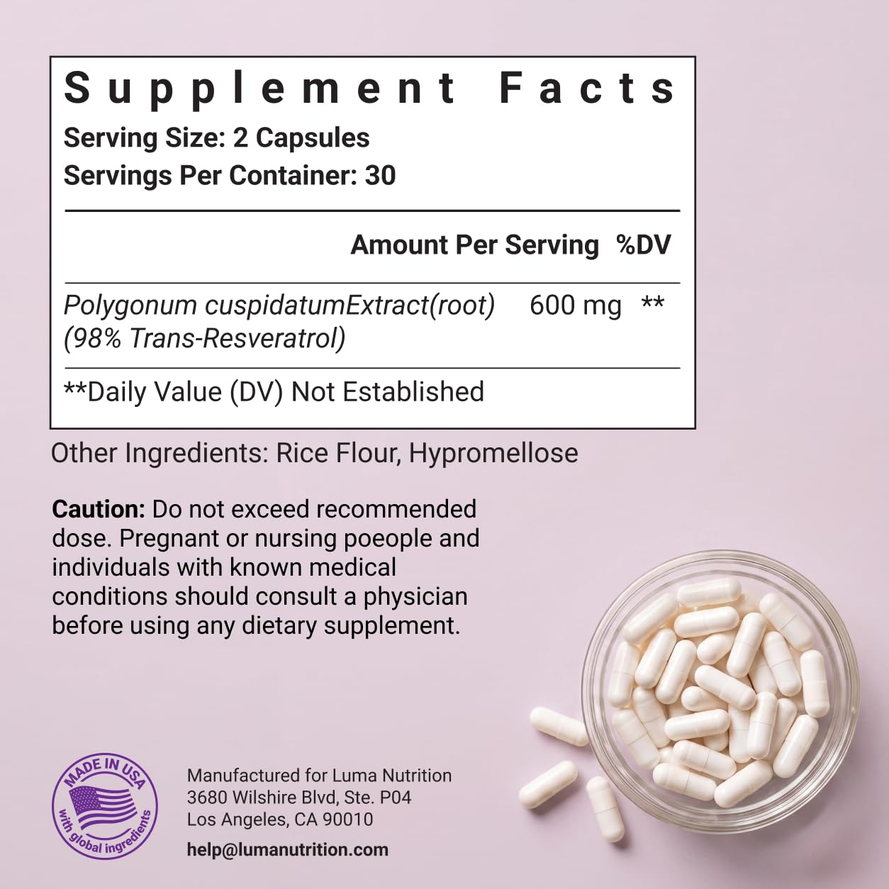 Luma Nutrition Resveratrol Supplement 98% Trans-Resveratrol

