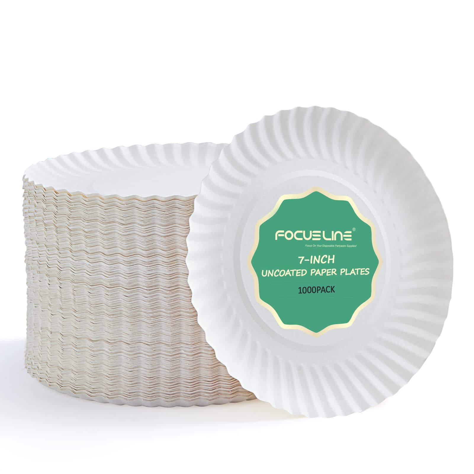FOCUSLINE White Uncoated Paper Plates - Disposable Dessert Plates