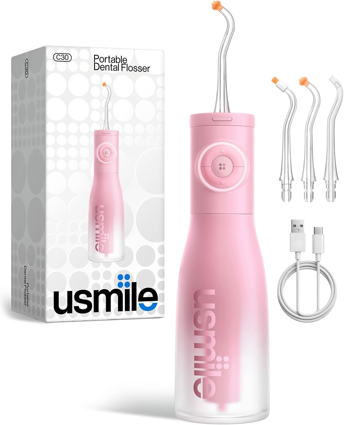 usmile C30 Cordless Water Flosser, 300ml Tank, 5 Pressure Levels, S-shaped Nozzles, USB-C, IPX7