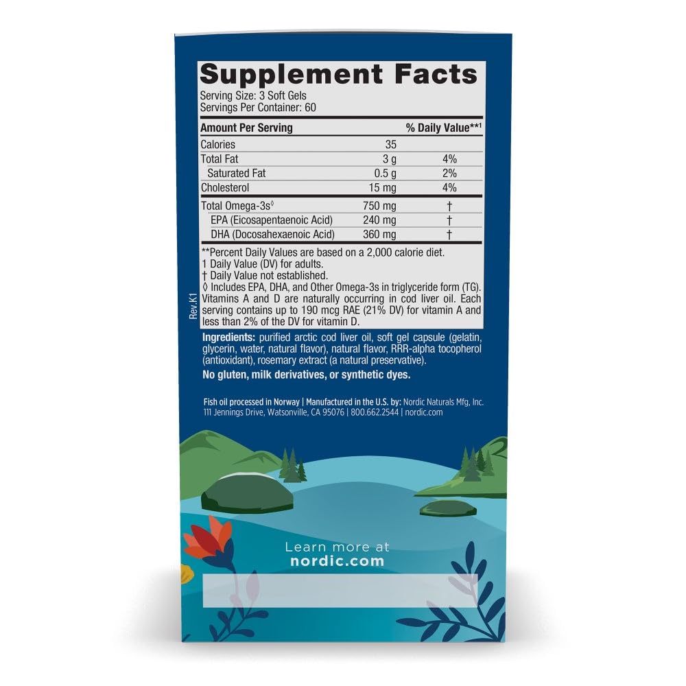 Nordic Naturals Arctic Cod Liver Oil Lemon Omega-3 EPA DHA

