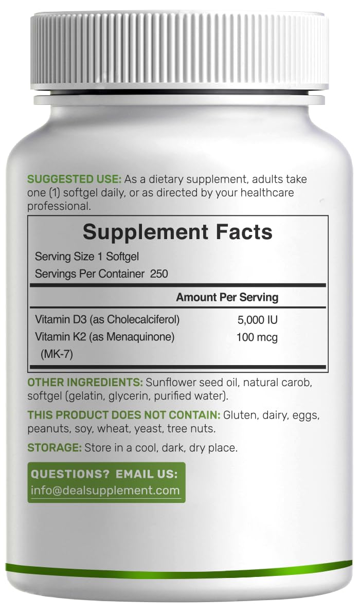 Deal Supplement Vitamin D3 + K2 MK7 Softgels | 5,000 IU

