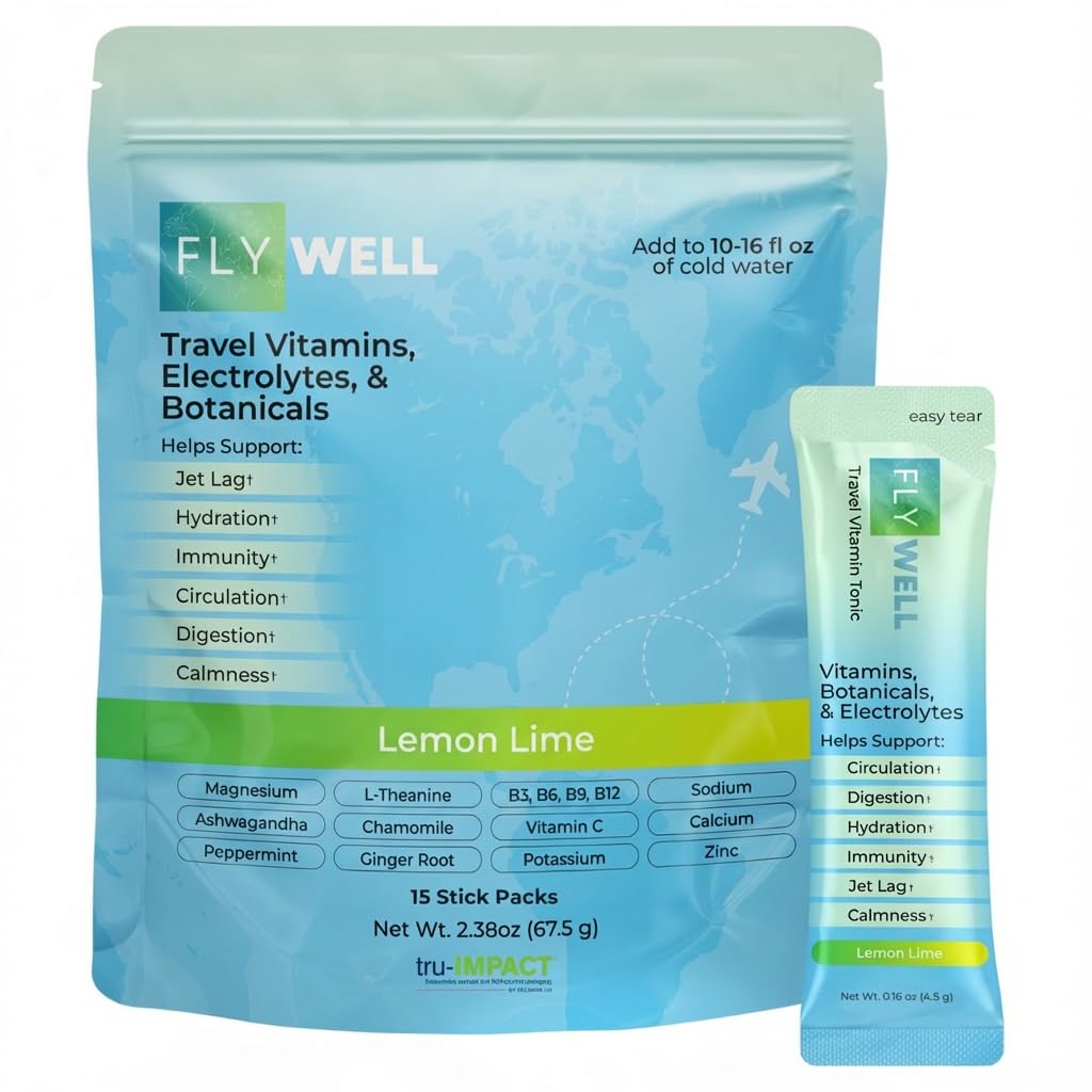 FlyWell Travel Vitamin Electrolyte Powder for Hydration & Immunity - Jet Lag Support