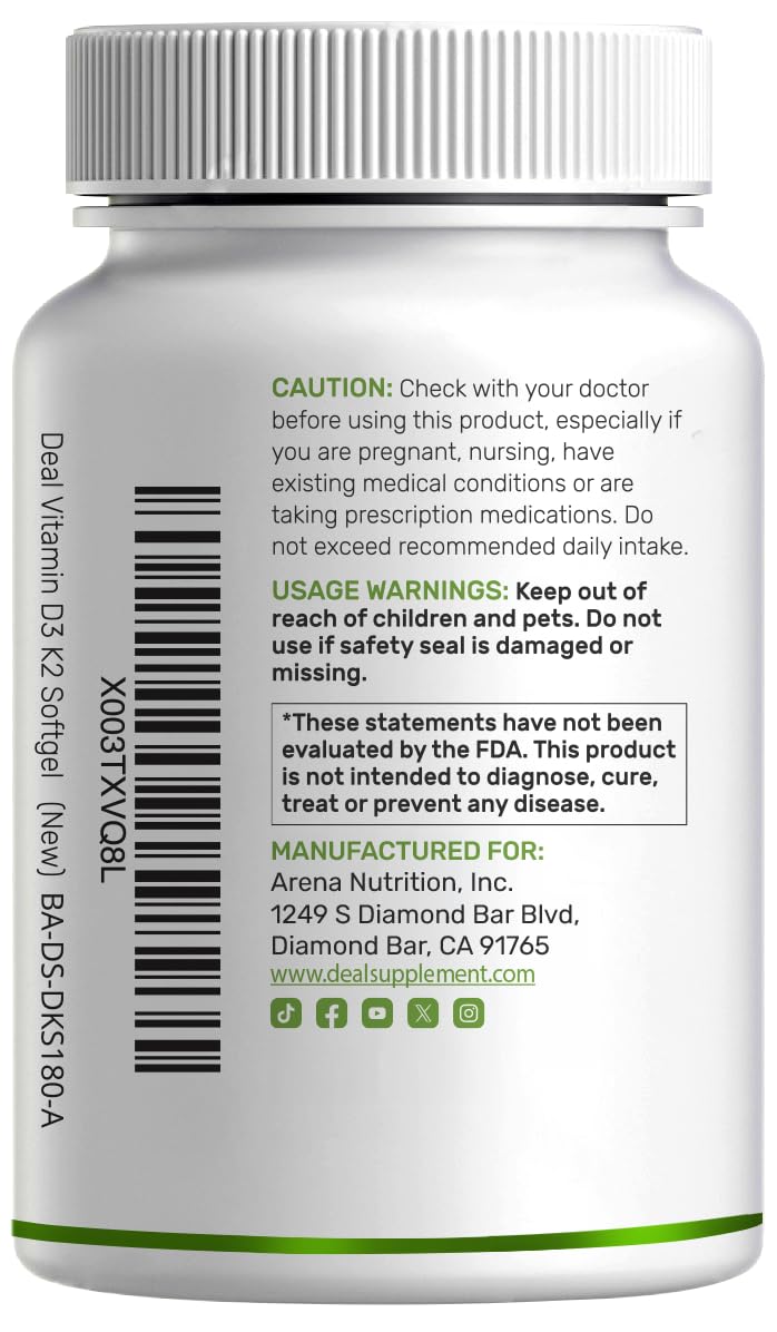 Deal Supplement Vitamin D3 + K2 MK7 Softgels | 5,000 IU

