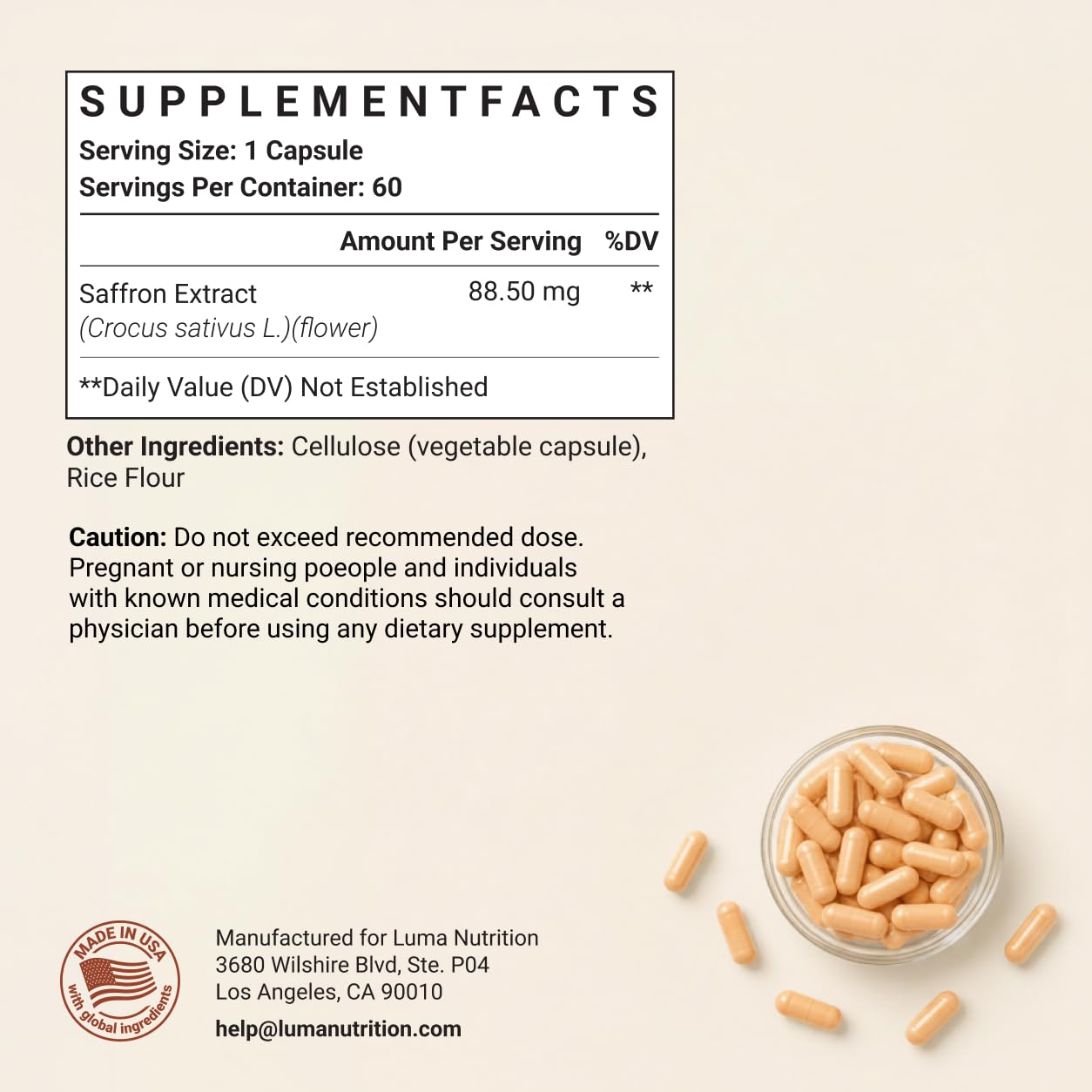 Luma Nutrition Saffron Extract Capsules | Mood & Eye Support

