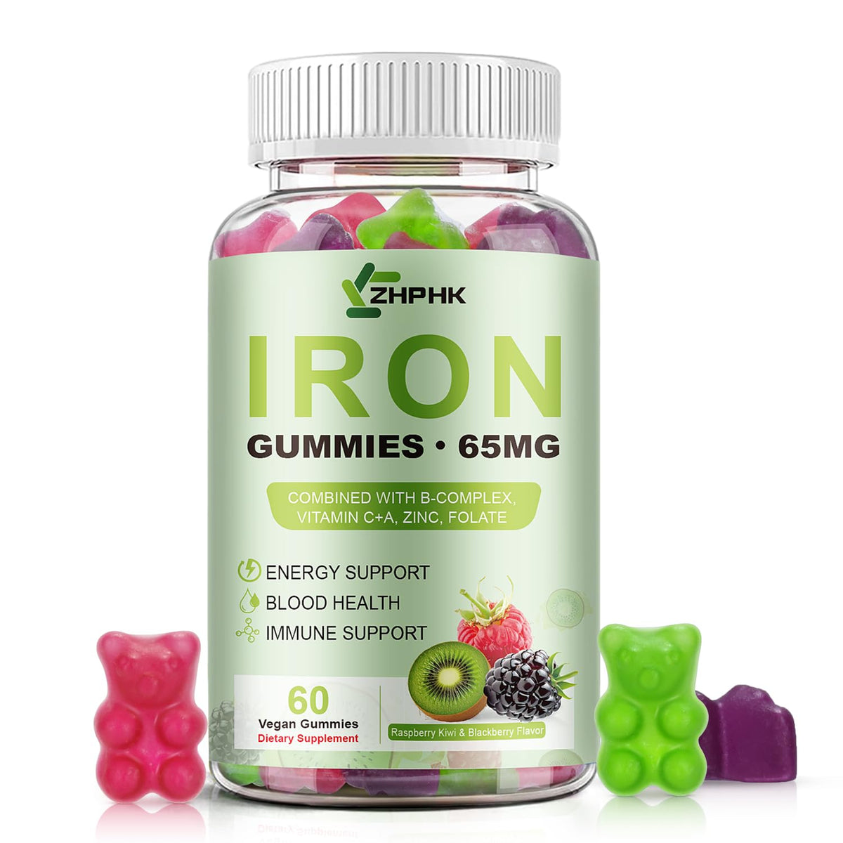 ZHPHK Iron Gummies – 65mg Iron with Folate, Gluten-Free Vegan