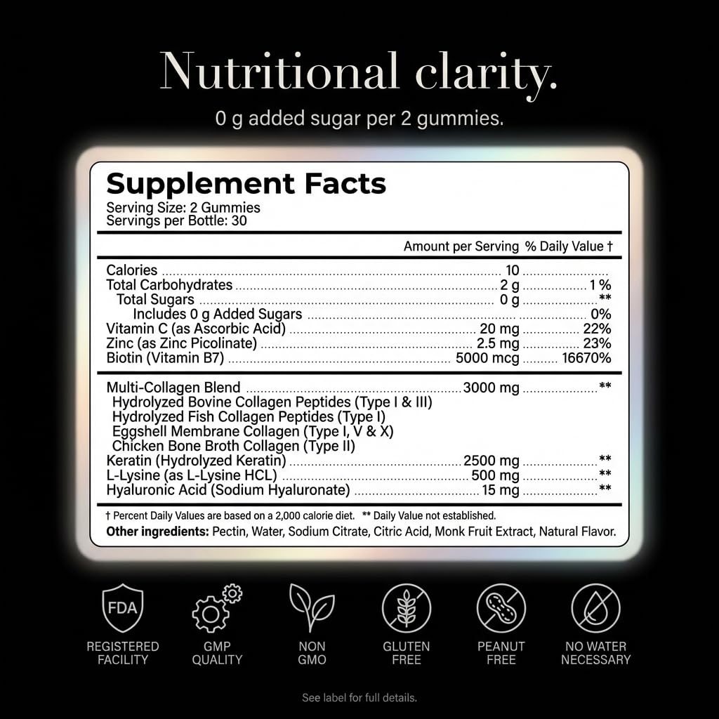 Collagen Gummies Sugar Free with Multi-Collagen, Keratin, Hyaluronic Acid & Vitamin C & Zinc

