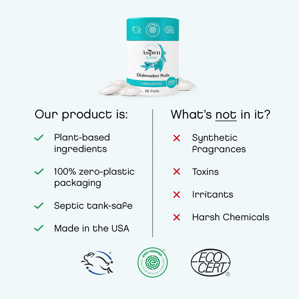 AspenClean Un scented Dishwasher Pods | Plant-Based Detergent

