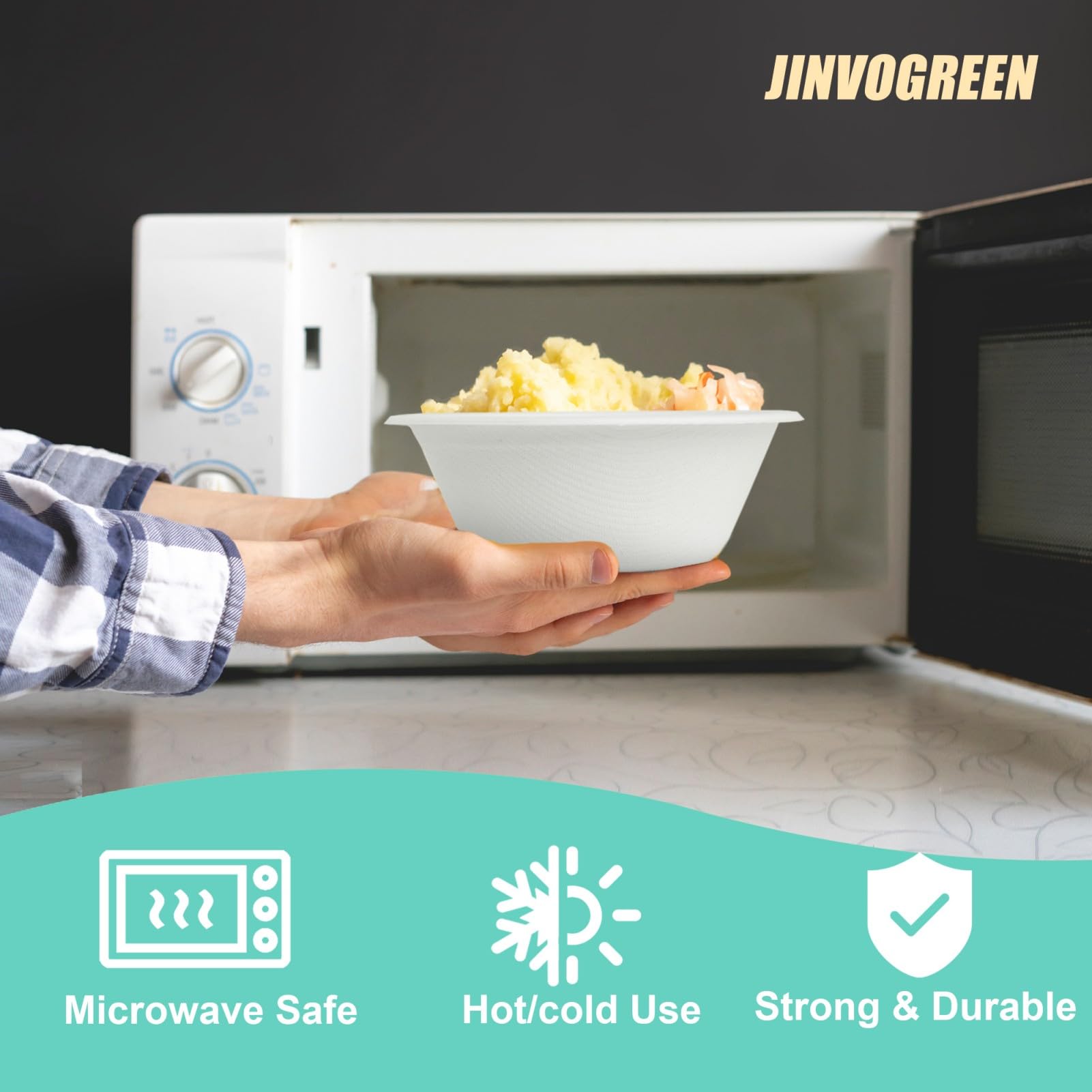 JINVOGREEN Bagasse Paper Bowls - Compostable Microwave Safe

