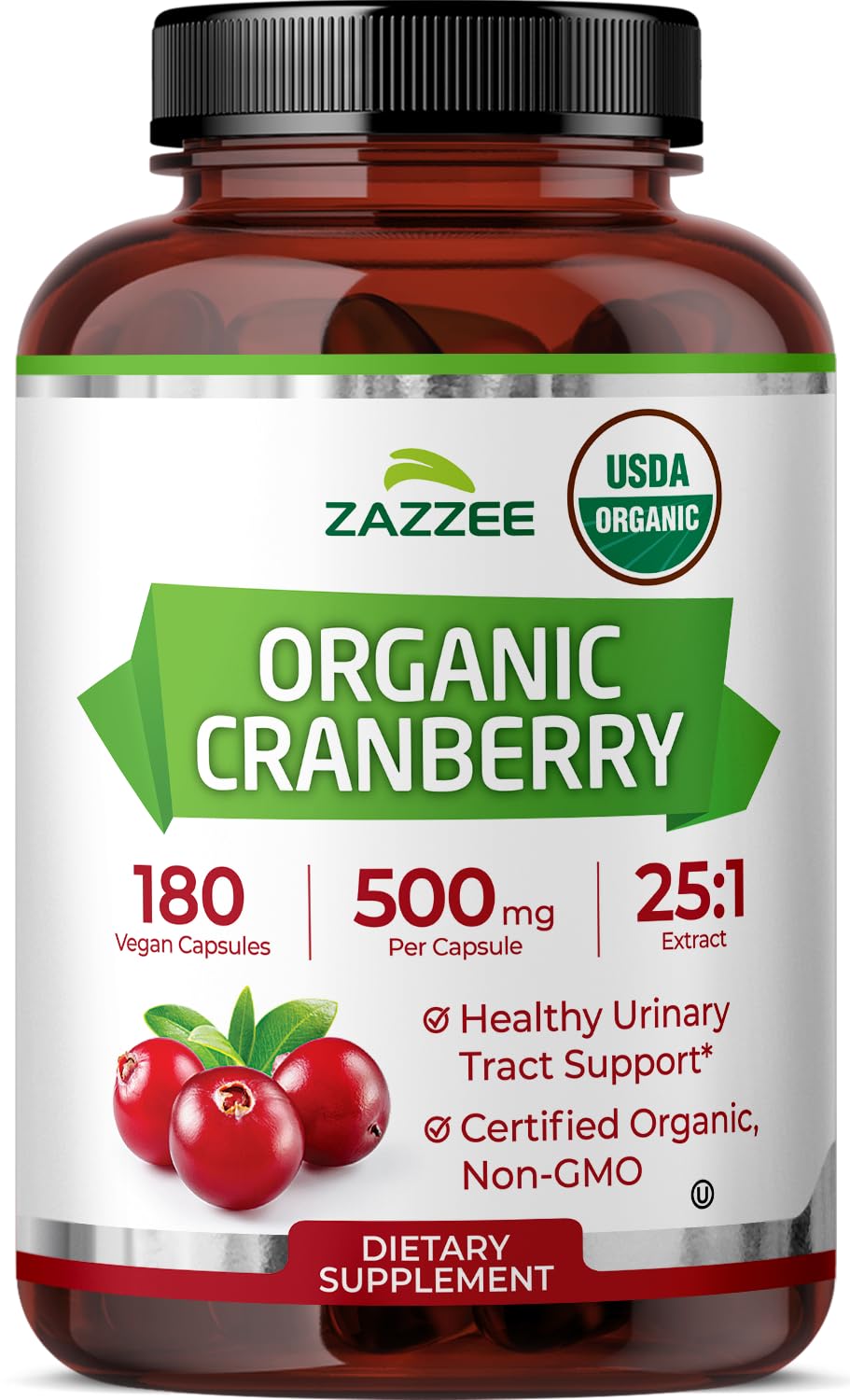 Zazzee USDA Organic Cranberry Extract 25:1, 500 mg Capsule, Kosher, Non-GMO, Made in USA