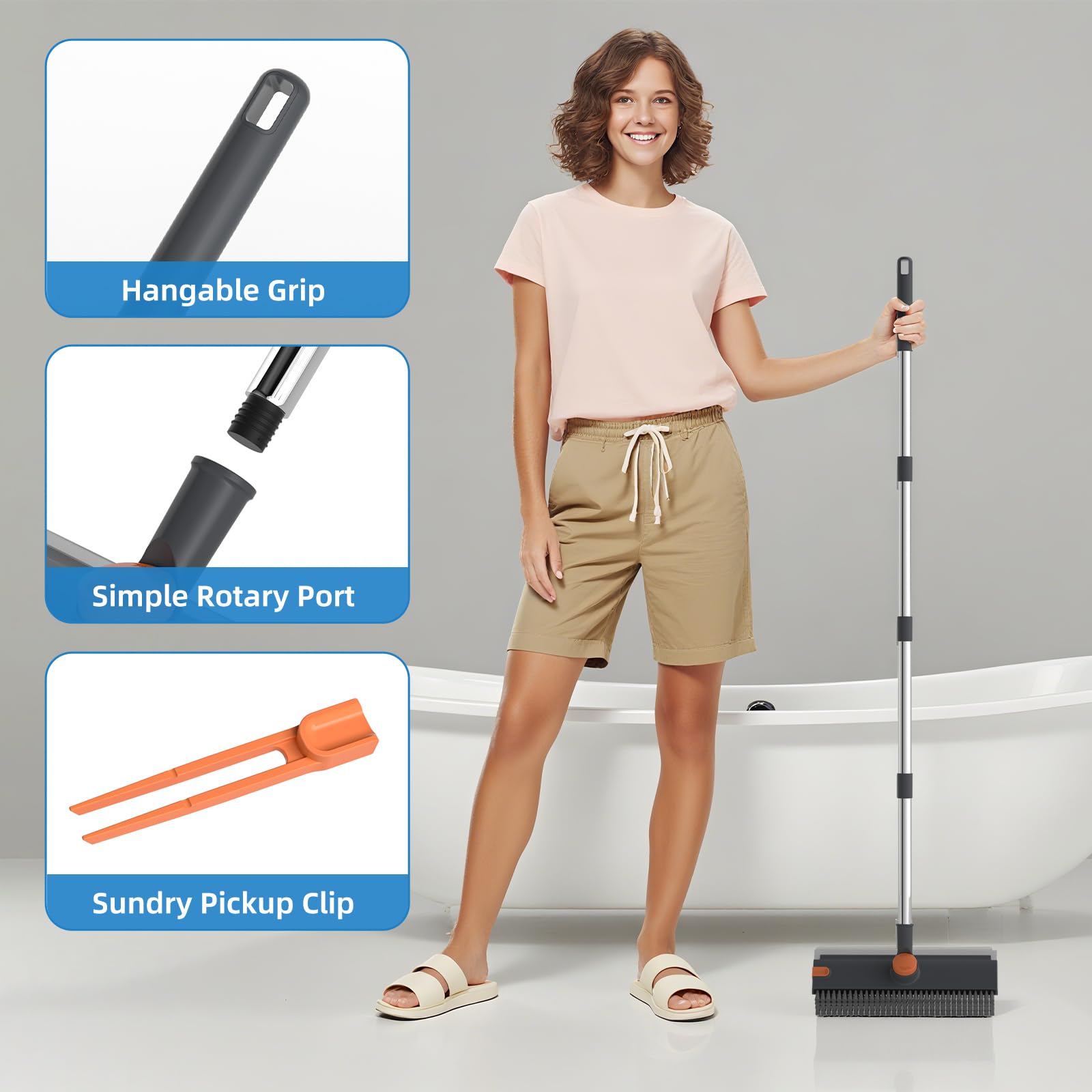 Scrub Brush with Long Handle 3-in-1 Floor Scrubber Squeegee

