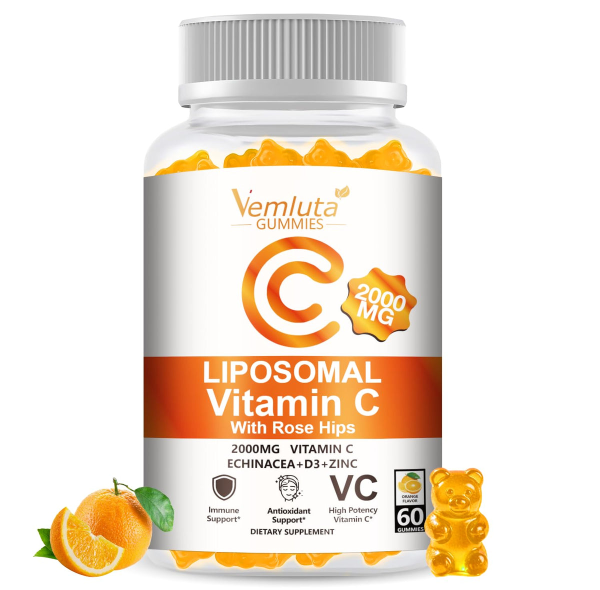 Vemluta Liposomal Vitamin C Gummies with D3 Immune Support Orange Flavor