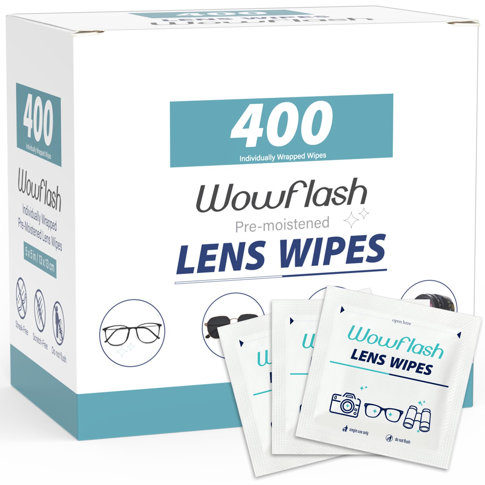 WOWFLASH Lens Wipes for Eyeglasses Pre-Moistened Streak-Free Cleaning