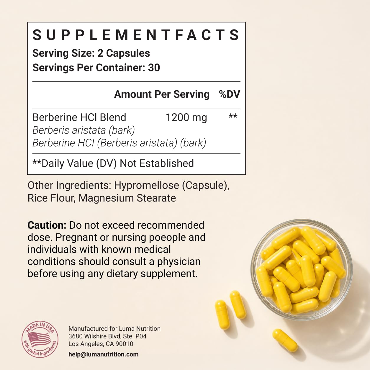 Luma Nutrition Berberine HCl 1200mg - Vegan, Gluten Free

