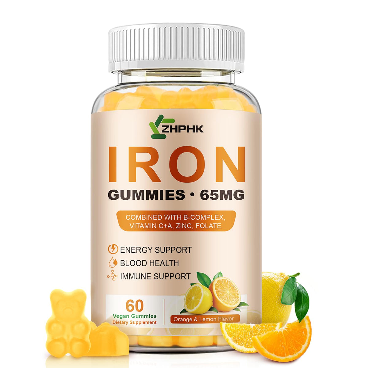 ZHPHK Iron Gummies – 65mg Iron with Folate, Gluten-Free Vegan