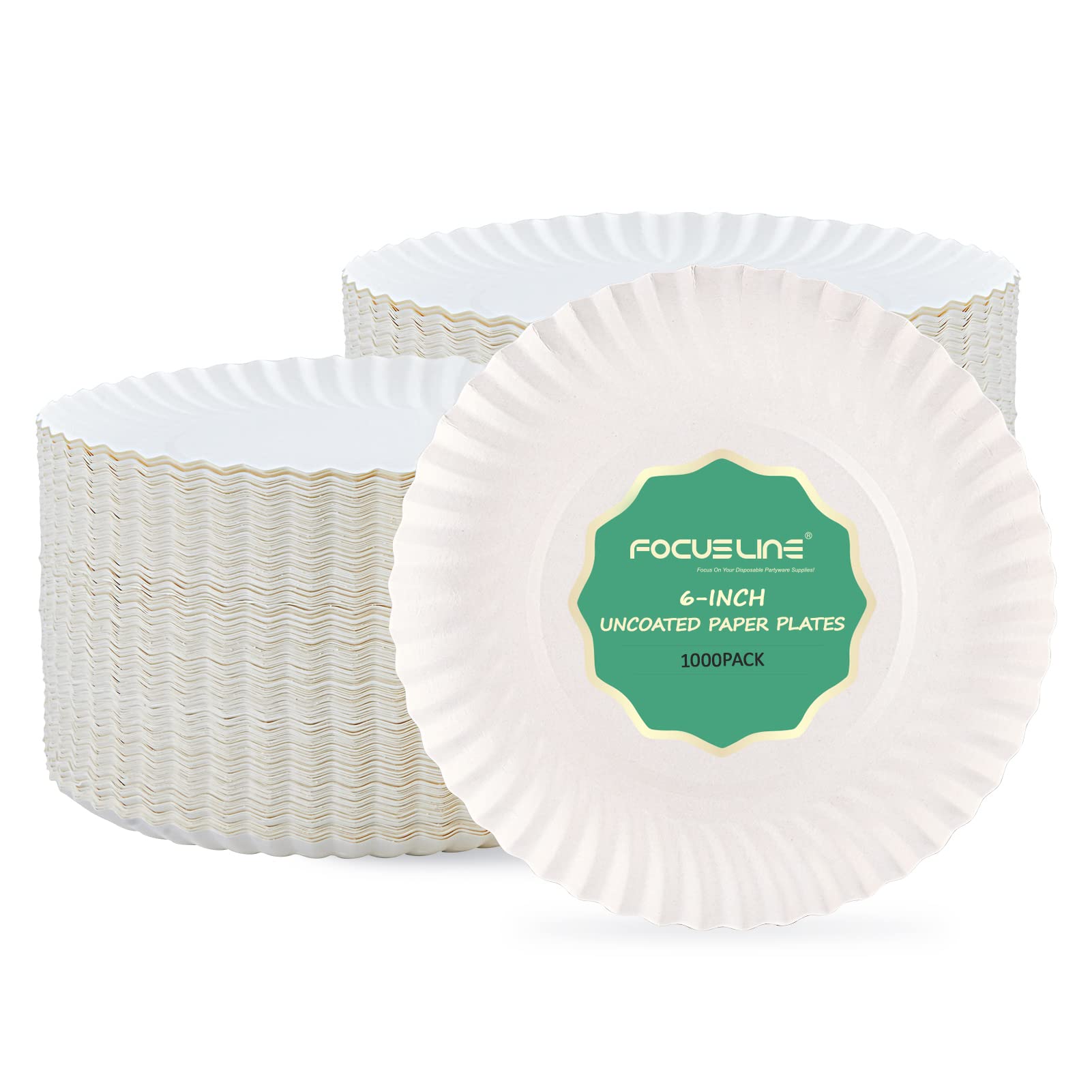 FOCUSLINE White Uncoated Paper Plates - Disposable Dessert Plates