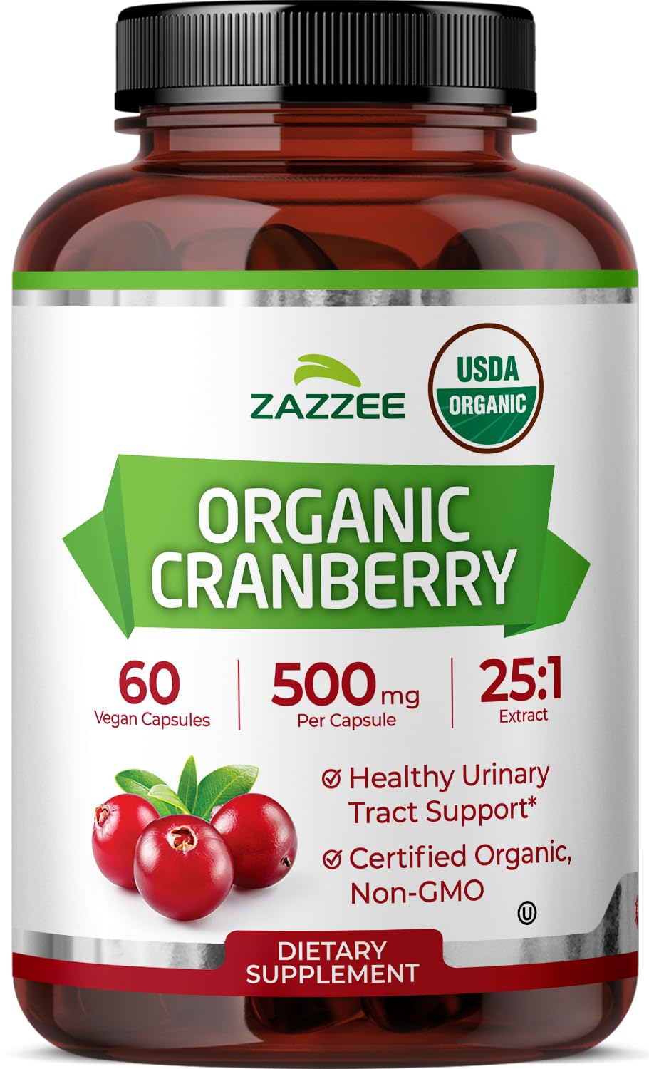 Zazzee USDA Organic Cranberry Extract 25:1, 500 mg Capsule, Kosher, Non-GMO, Made in USA