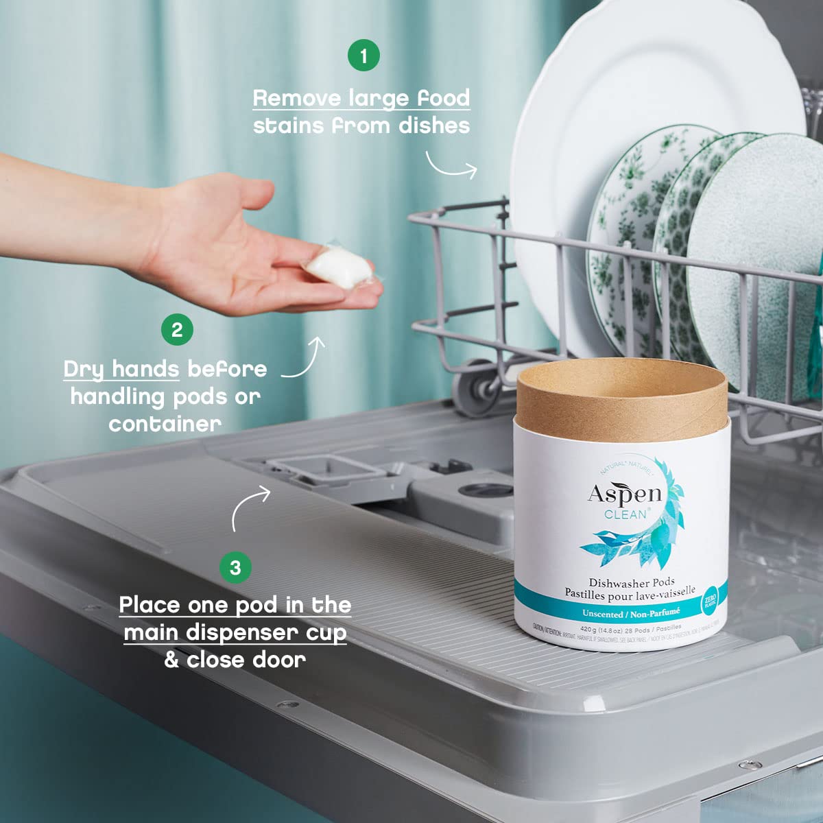 AspenClean Un scented Dishwasher Pods | Plant-Based Detergent

