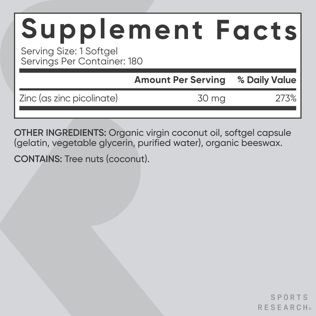 Sports Research Zinc Picolinate 30mg Coconut Oil


