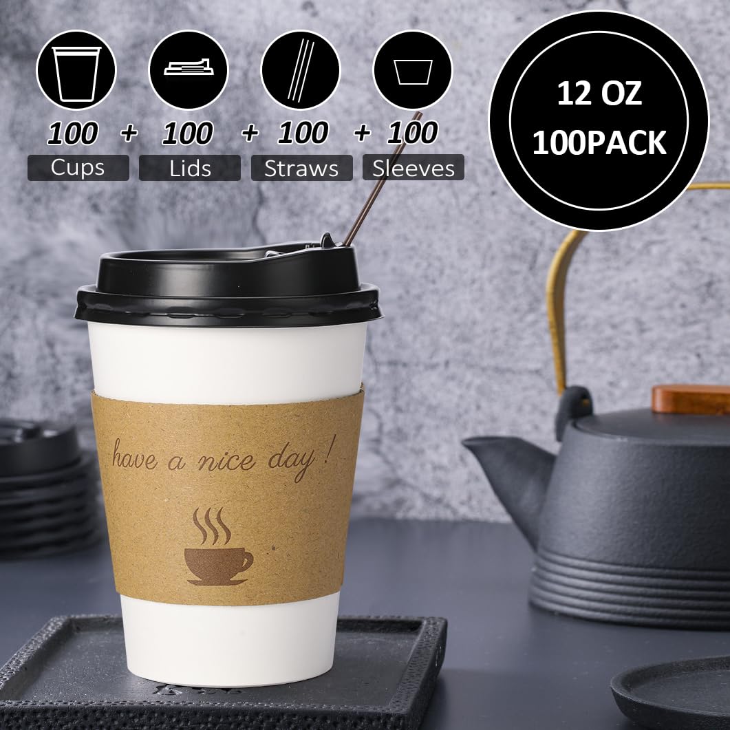 BYSNOW Disposable Coffee Cups with Lids and Sleeves

