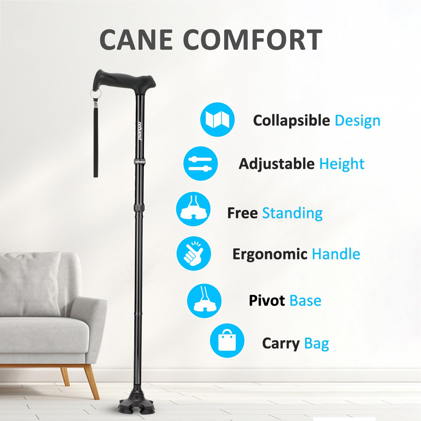 Walking Cane REHAND Foldable Adjustable Self-Standing Pivot

