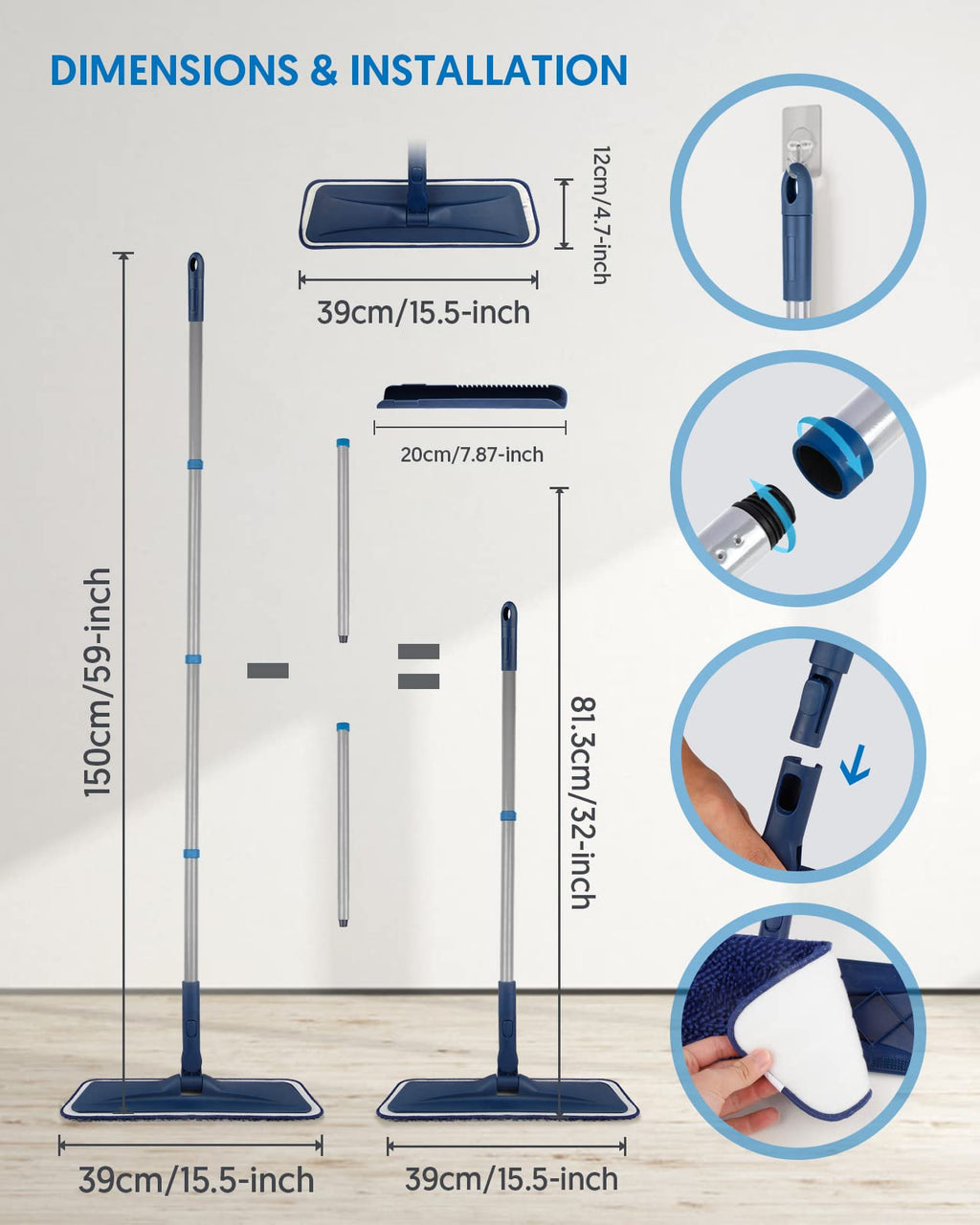 BPAWA Microfiber Flat Floor Mop with 4 Washable Pads

