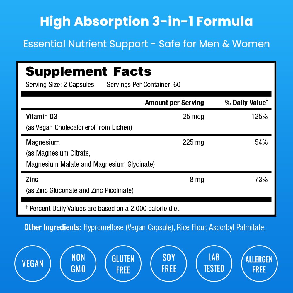 Magnesium Zinc Vitamin D3 Supplement for Bone Immune Health

