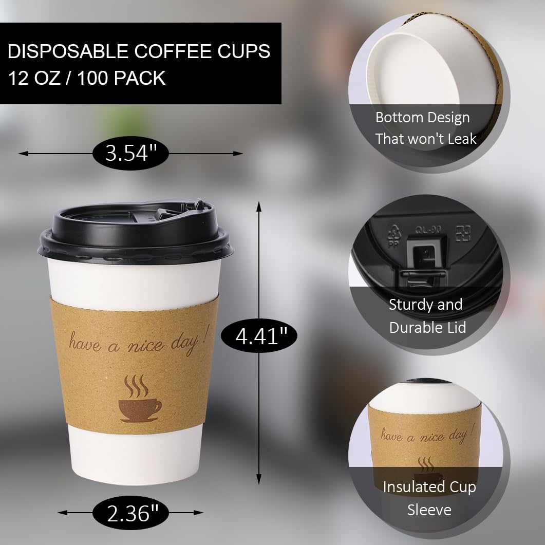BYSNOW Disposable Coffee Cups with Lids and Sleeves

