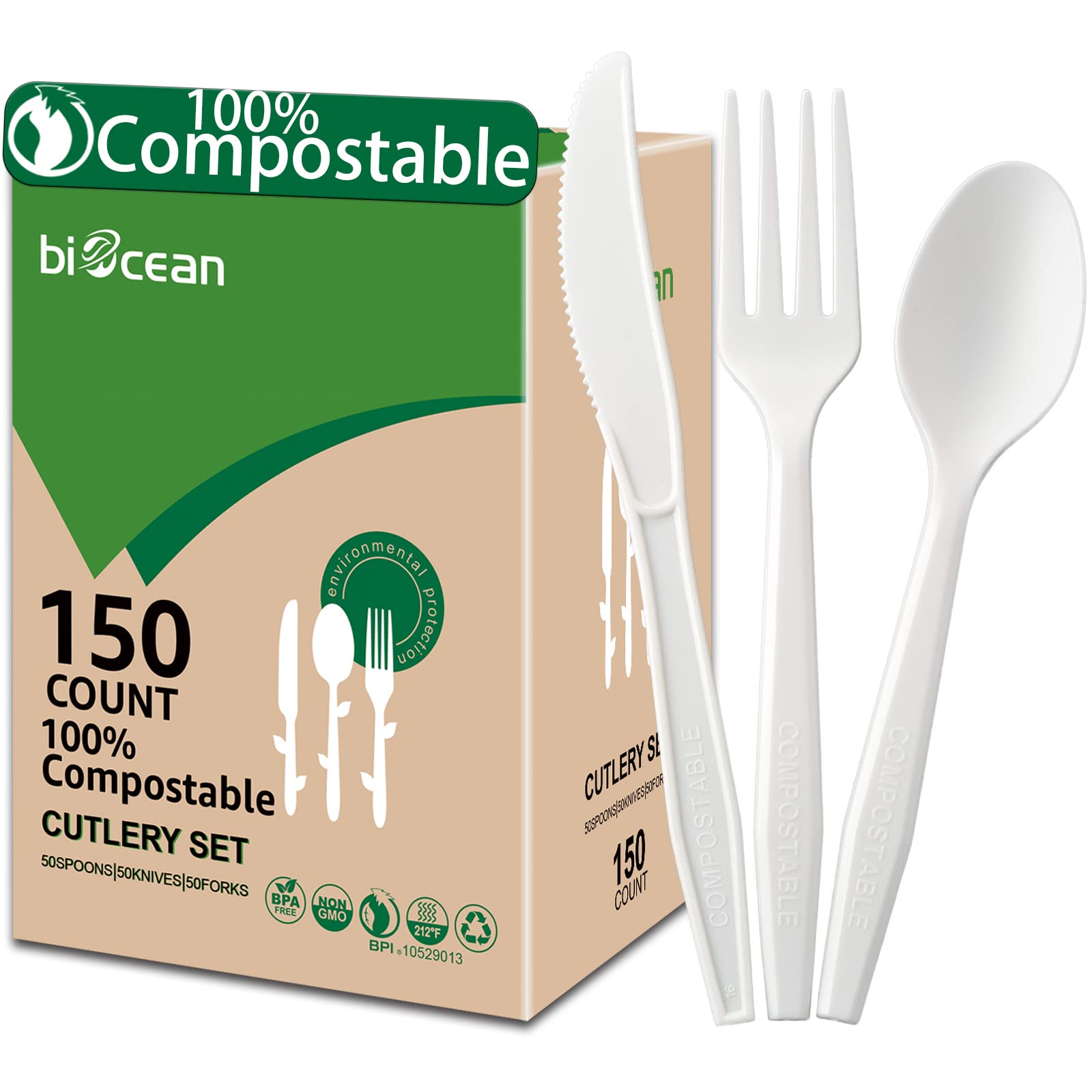 Compostable Plastic-Free Utensils Set – Forks Spoons Knives

