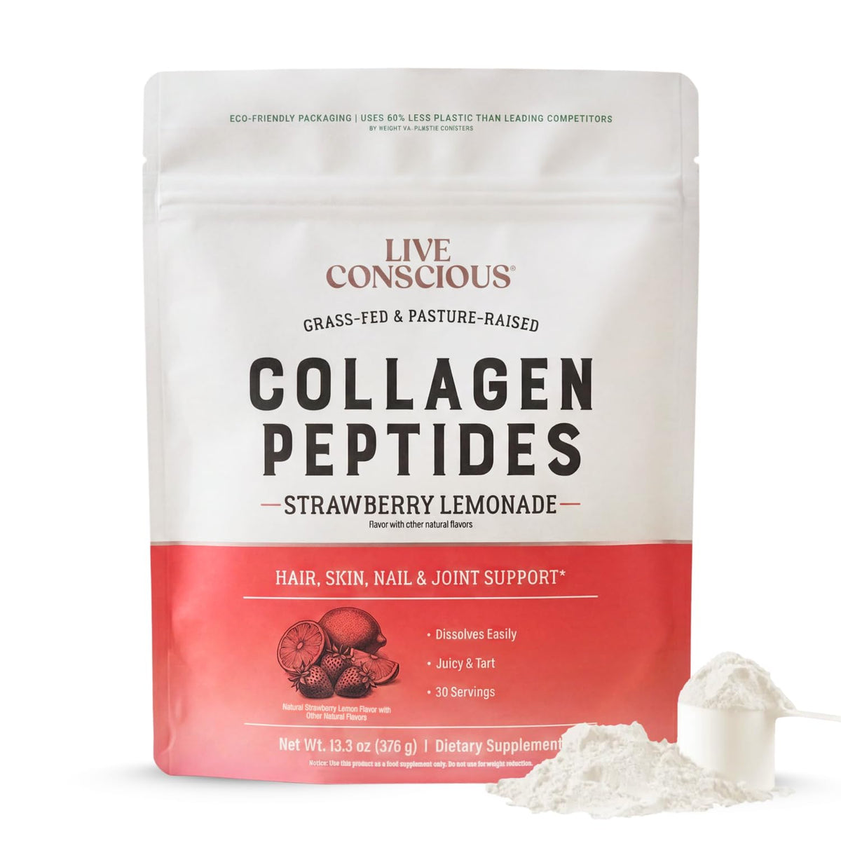 Live Conscious Collagen Peptides Powder – Hydrolyzed Type I & III, Grass-Fed