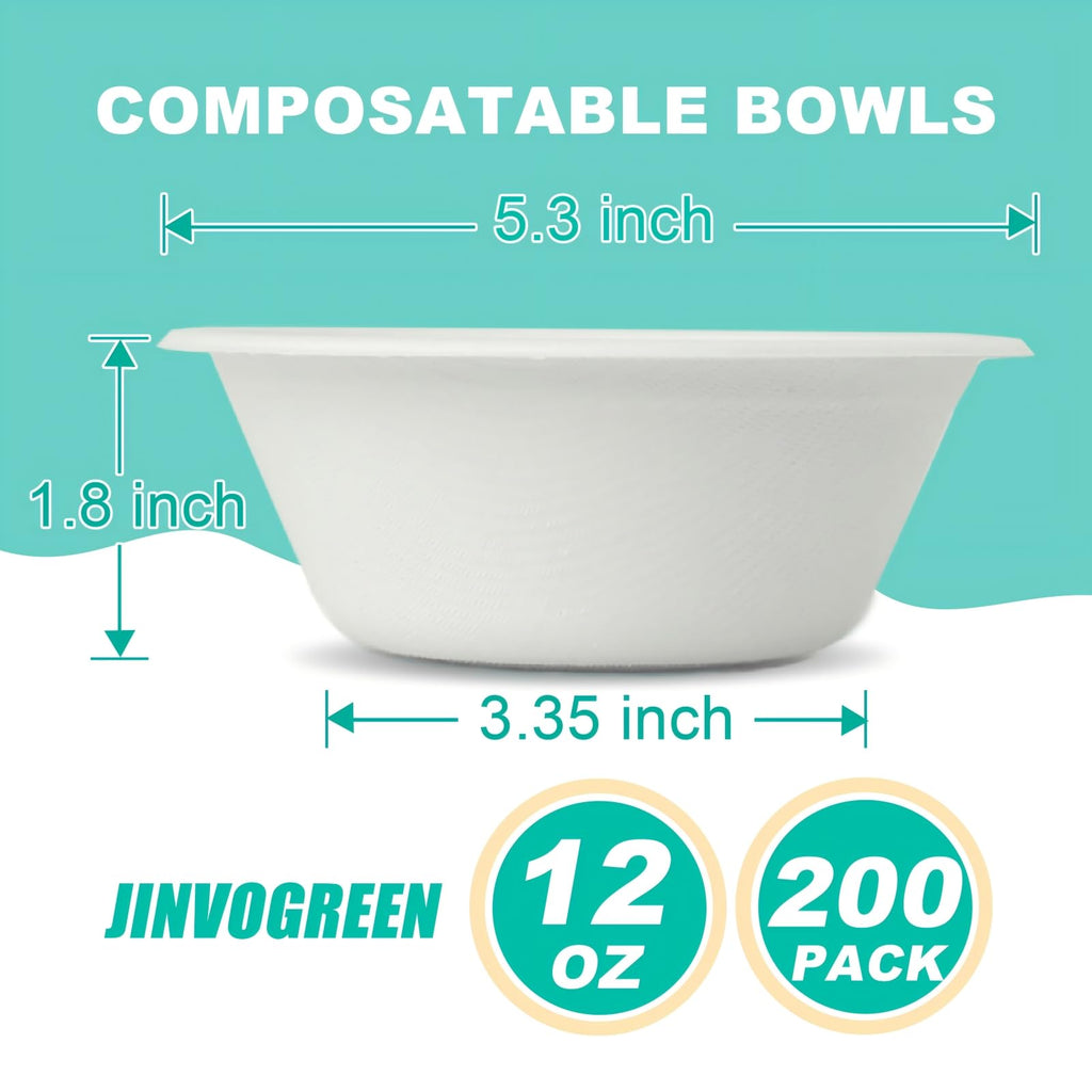 JINVOGREEN Bagasse Paper Bowls - Compostable Microwave Safe

