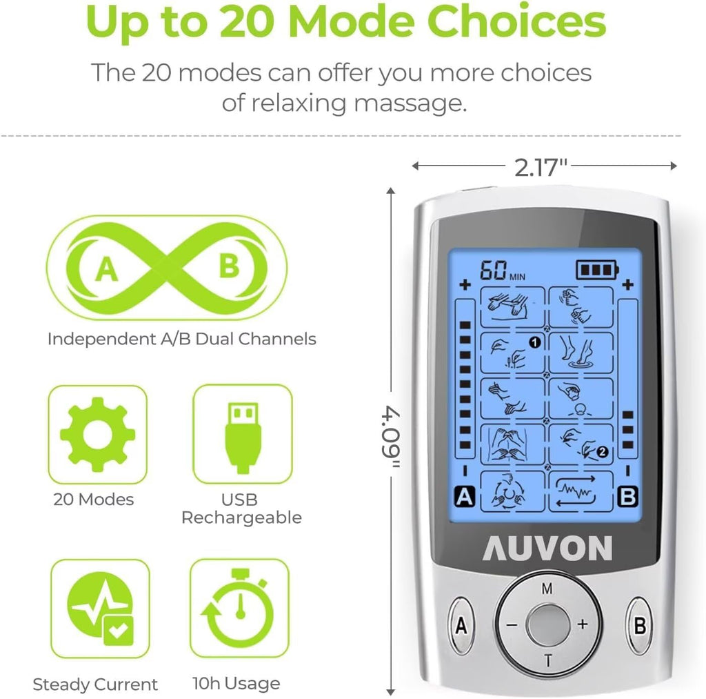 AUVON Dual Channel TENS Unit with 20 Modes

