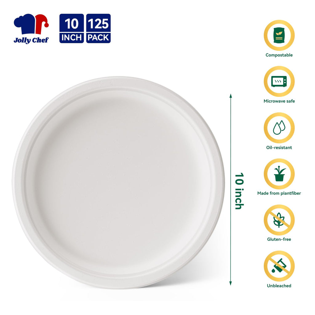 JOLLY CHEF Compostable Heavy-Duty Plates Sugarcane Fiber

