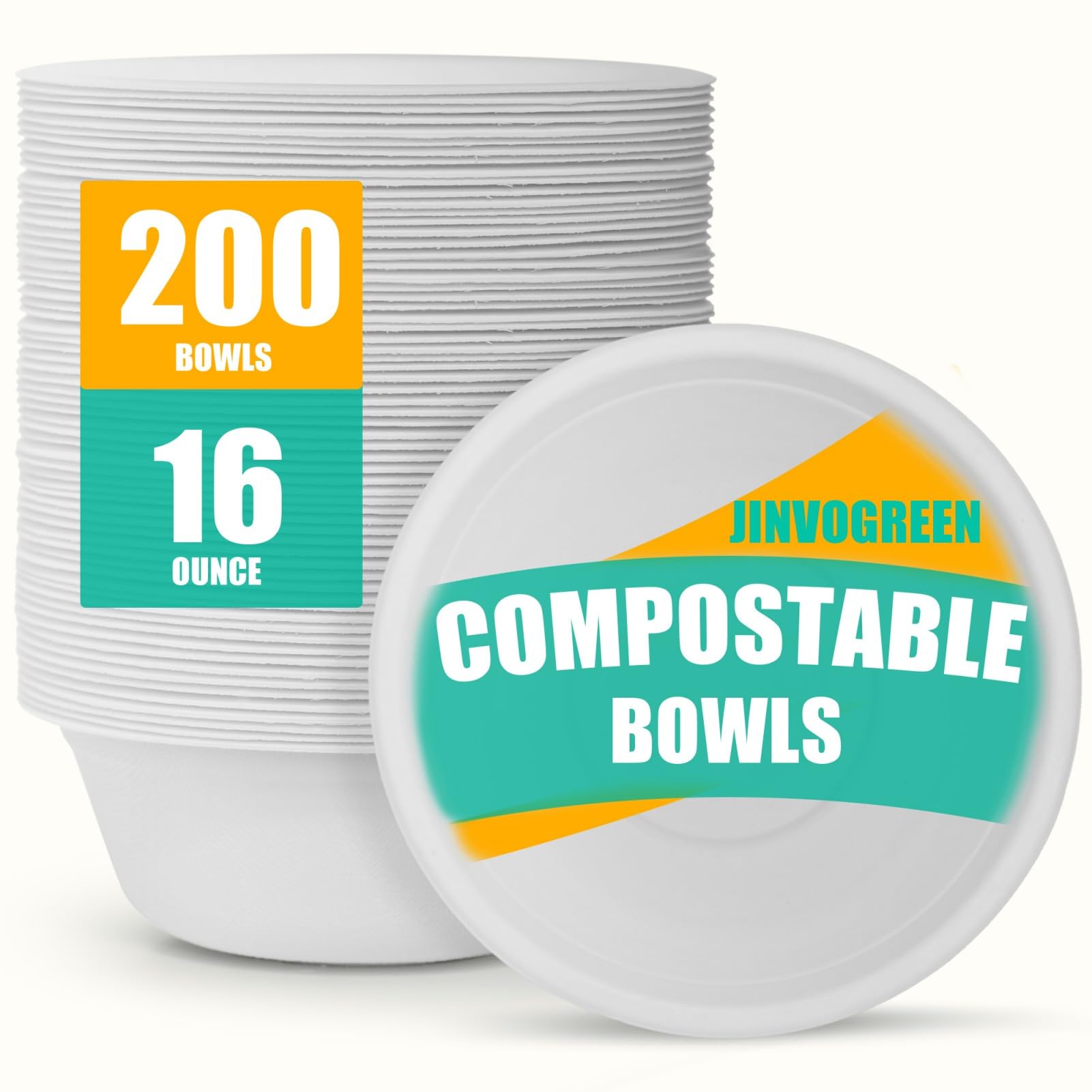 JINVOGREEN Paper Bowls - Disposable Bagasse, Compostable, Microwave Safe