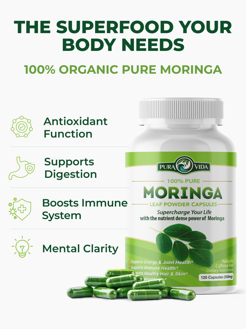 Pura Vida Moringa Capsules — Pure Leaf Powder

