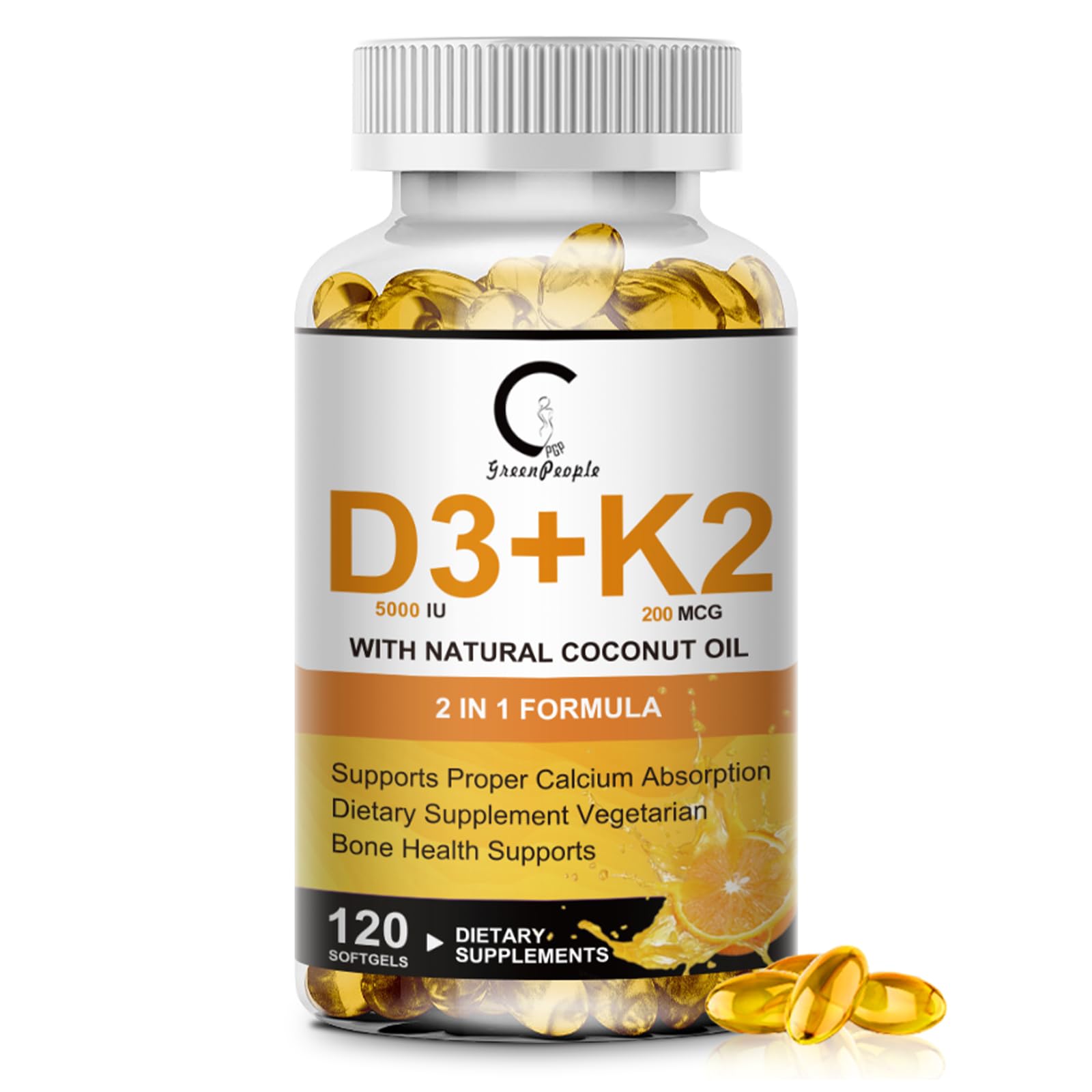 Vitamin D3 K2 Softgel Supplement 5000 IU Plant Based

