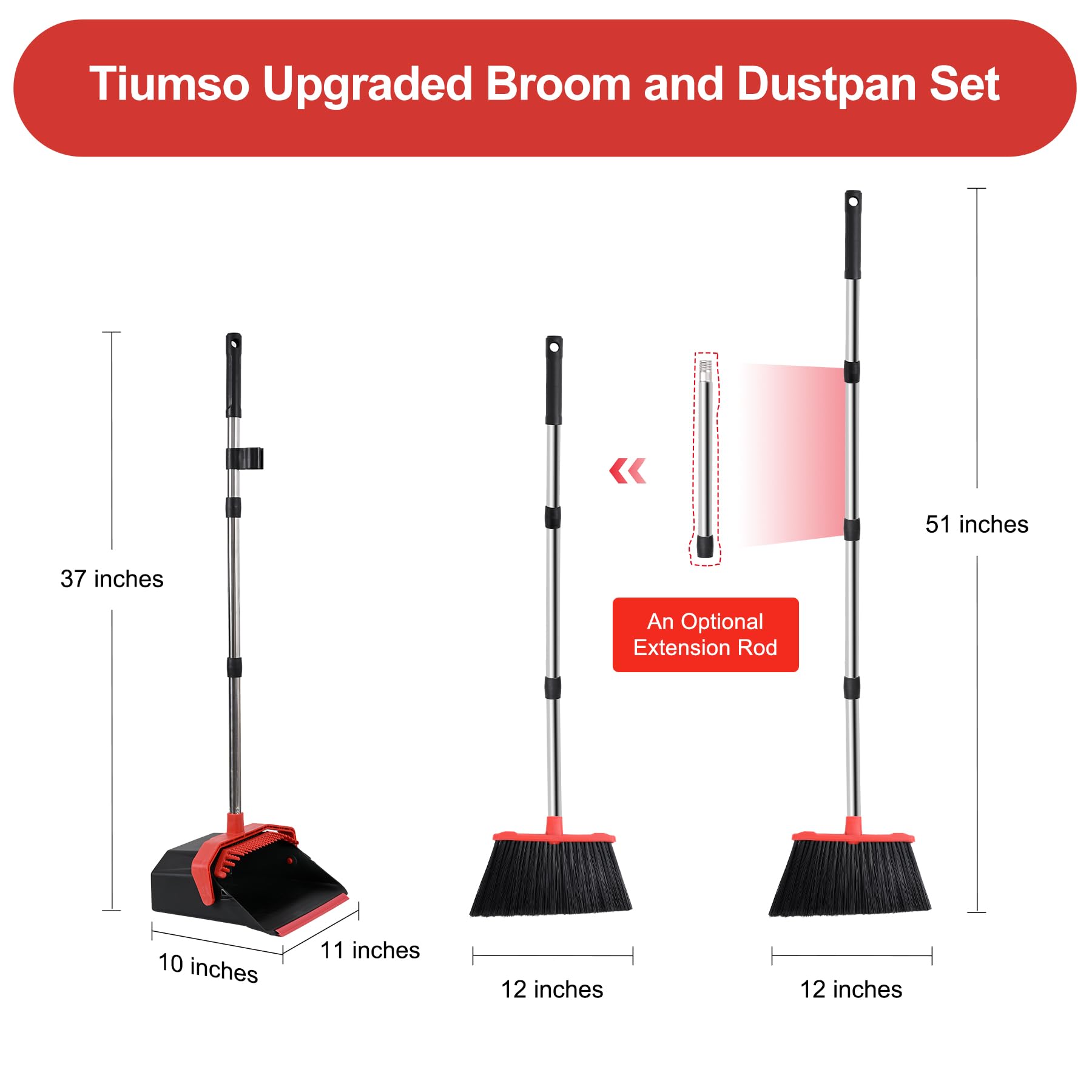 Tiumso Broom with Dustpan Set – Self-Cleaning Teeth

