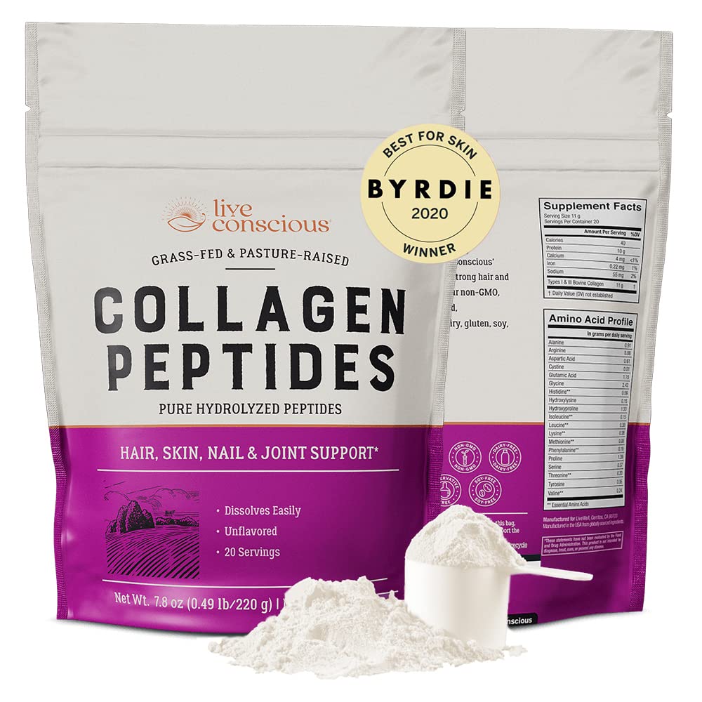 Live Conscious Collagen Peptides Powder – Hydrolyzed Type I & III, Grass-Fed