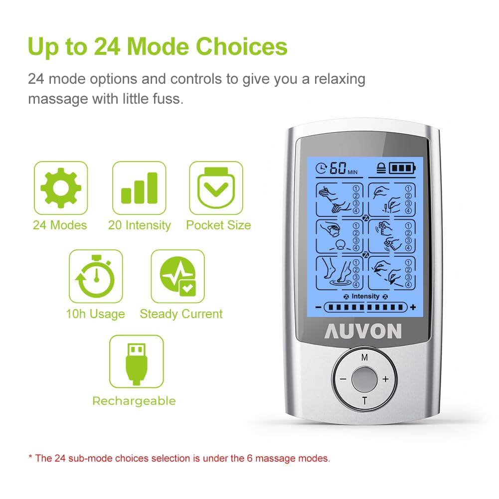 AUVON TENS Unit Rechargeable Muscle Stimulator | 24 Modes

