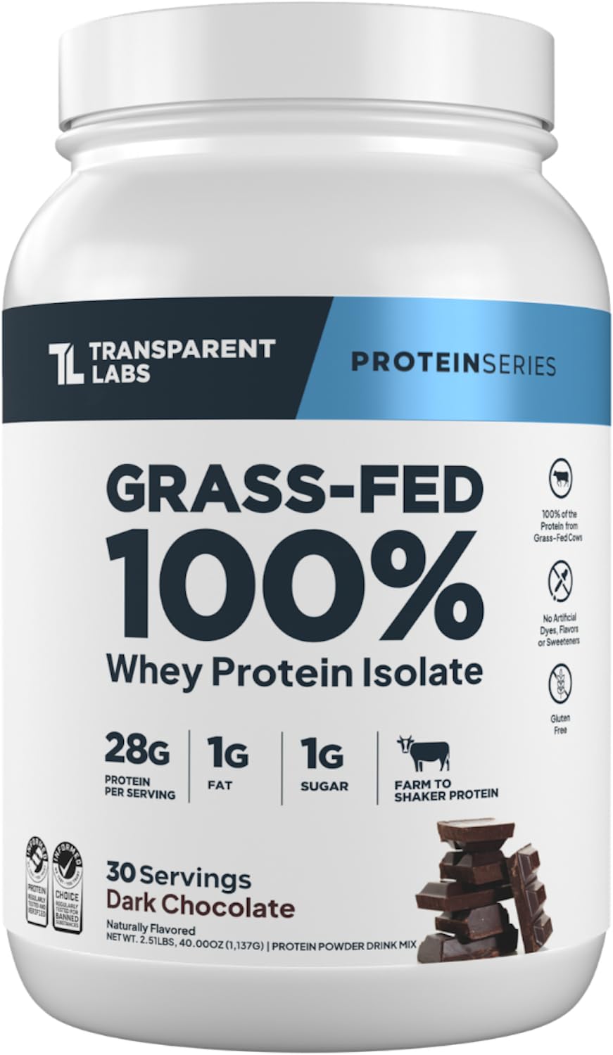 Whey Protein Isolate by Transparent Labs - Grass-Fed, 28g Protein