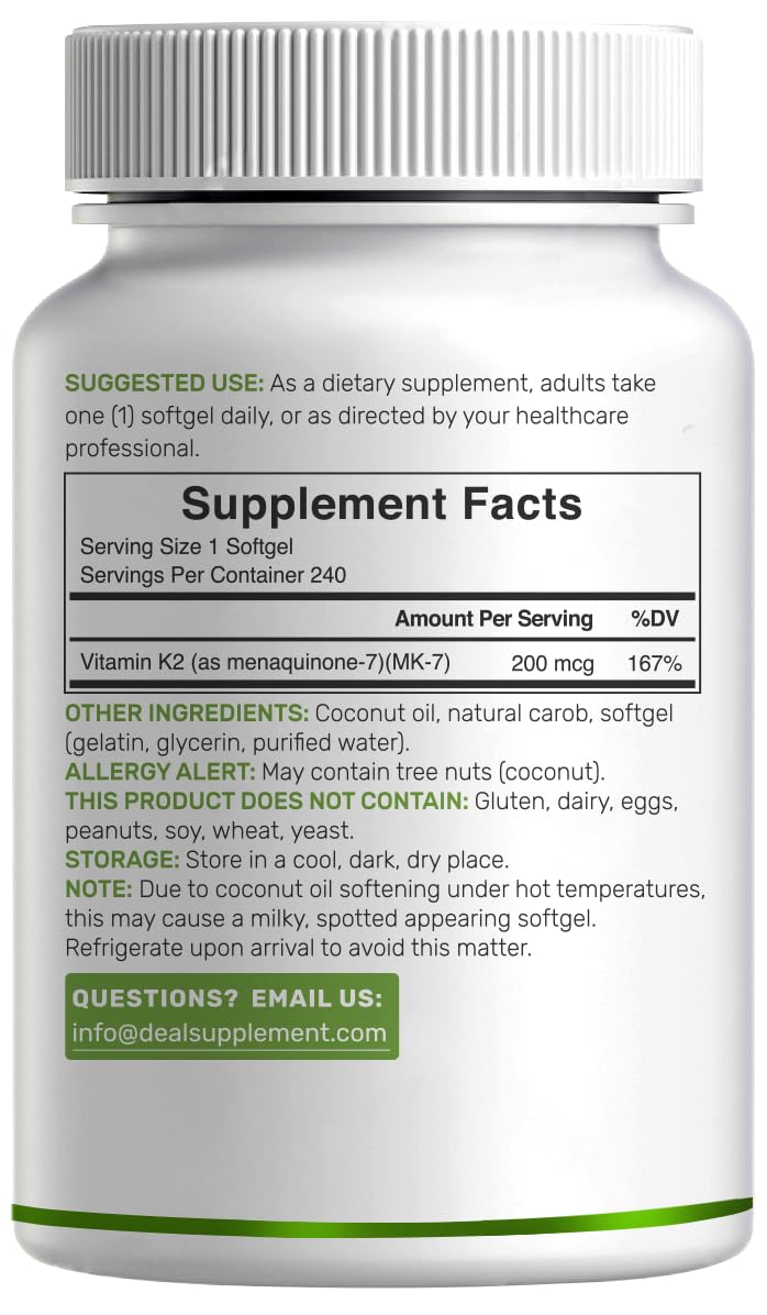 DEAL SUPPLEMENT Vitamin K2 MK-7 Softgels with Coconut Oil Base

