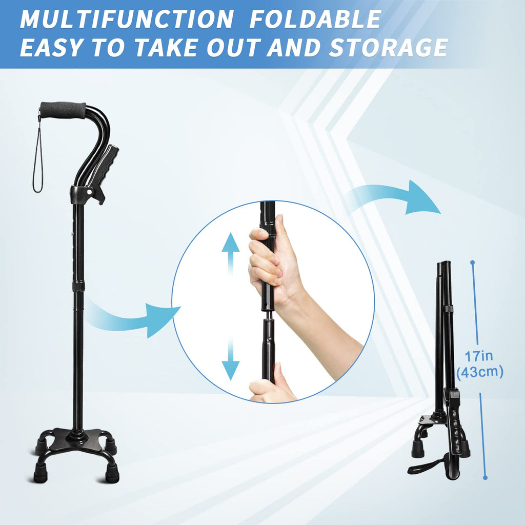 KingPavonini Adjustable Folding Walking Cane | Quad Base

