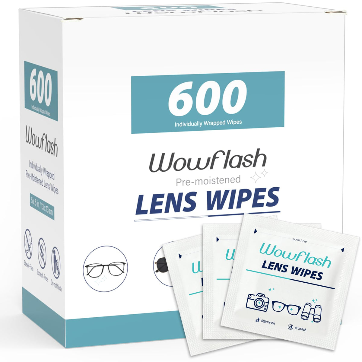 WOWFLASH Lens Wipes for Eyeglasses Pre-Moistened Streak-Free Cleaning