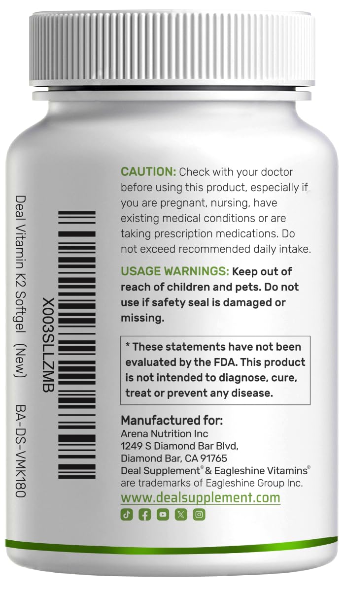 DEAL SUPPLEMENT Vitamin K2 MK-7 Softgels with Coconut Oil Base

