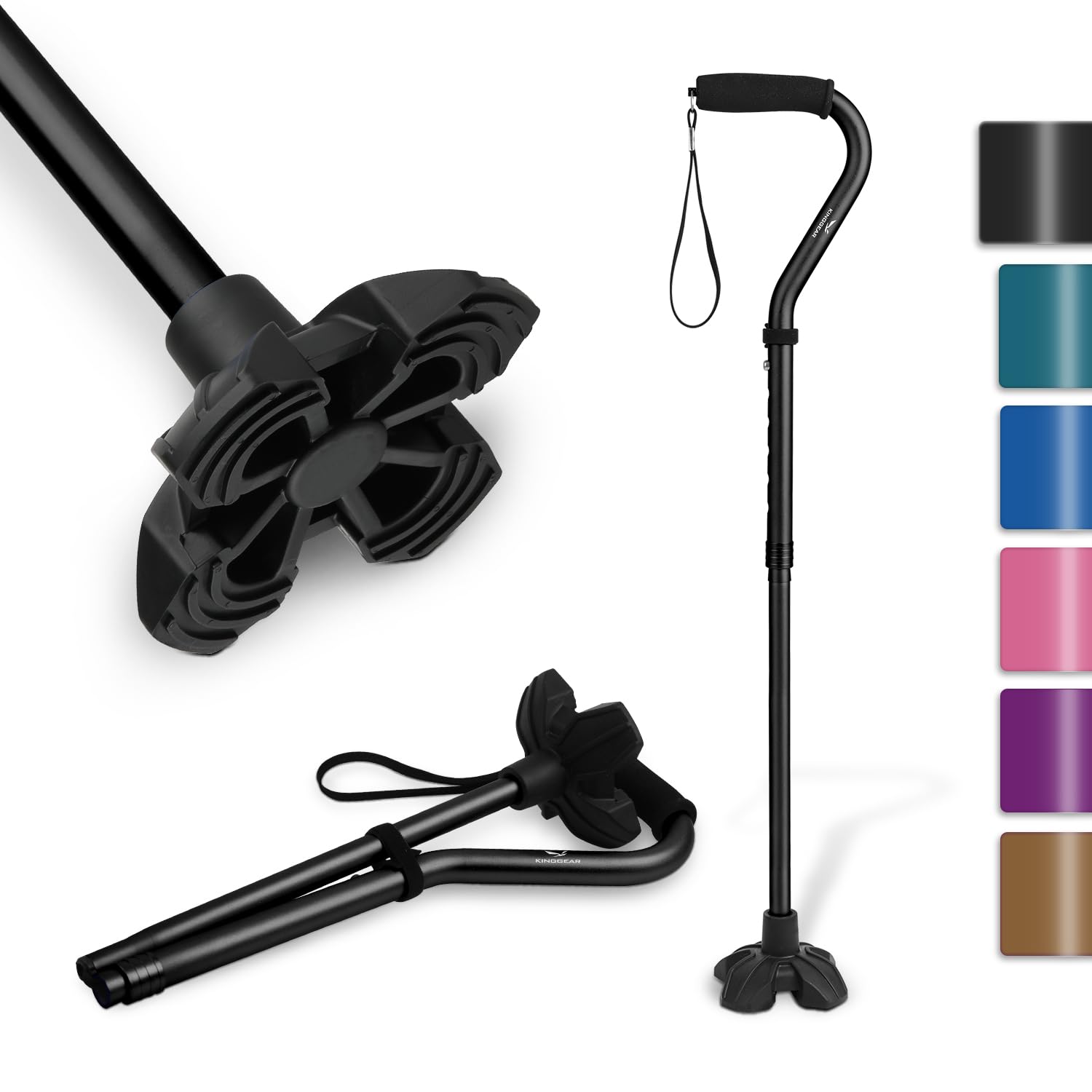 KingGear F1 Walking Cane - Lightweight Quad Base


