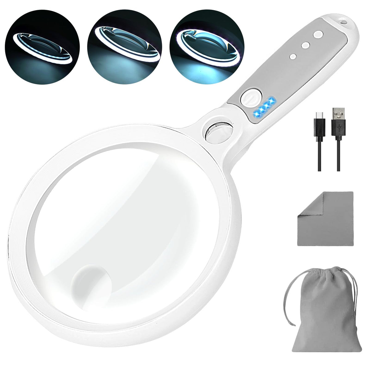5.2-Inch Lighted Magnifying Glass with Rechargeable Battery for Reading